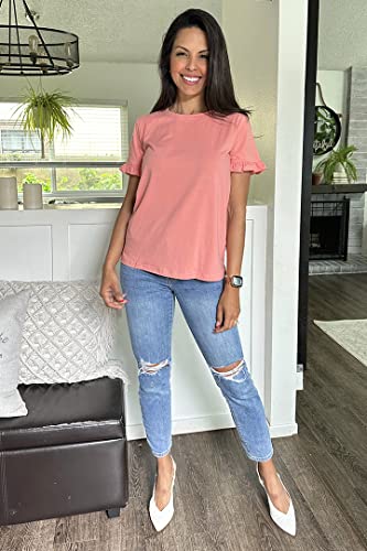 Prettygarden Short Sleeve Blouses For Women - Ruffle Fashion Casual Summer Ladies Tops And Blouses Coral #TOP3