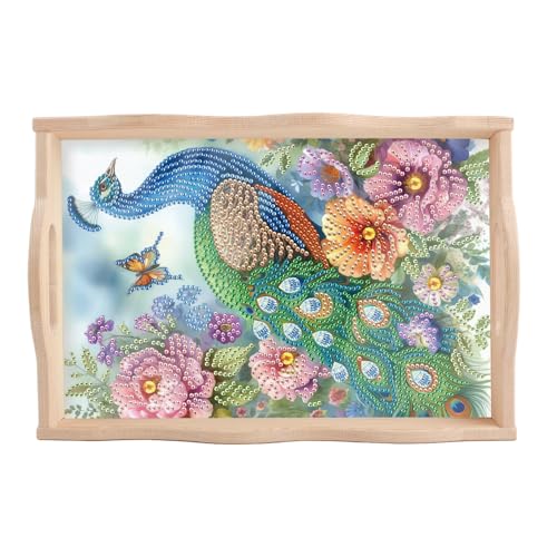 Image of DIY Diamond Art Tray with Handle Diamond Art Painting Plate Creative Design Handmade Wooden Tray Mosaic Making Kits by Number Kits Diamond Art for Coffee Living Room Home Organizer (Peacock)