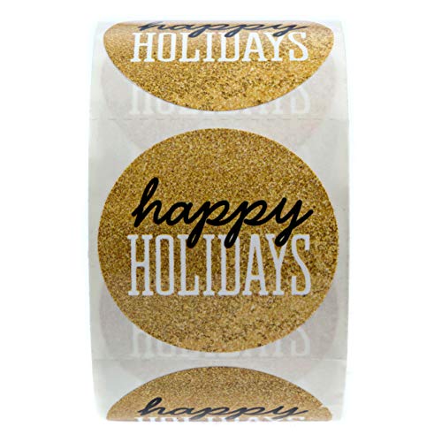 Black & Matte Gold Happy Holidays Christmas Stickers / 500 Christmas Envelope Seals / 1.5" Faux Glitter Holiday Labels #TOP1
