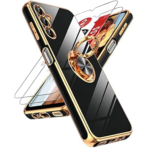 LeYi for Samsung Galaxy A14 5G Case: with 2 Pack Tempered Glass Screen Protector and 360° Rotatable Ring Holder Magnetic Kickstand, Plating Rose Gold Edge for Samsung A 14 5G Case, Black Cover