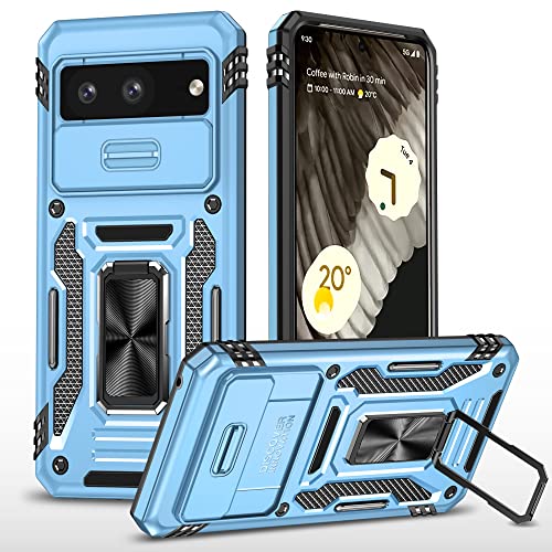Image of Slide Camera Cover with Ring Holder Mobile Phone Case Cover for Google Pixel 7a (Blue)