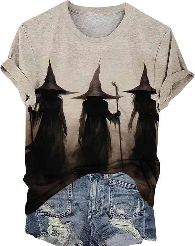 Halloween Shirts for Women Witches Gather T-Shirt Fall Casual Holiday Tee Witch Graphic Short Sleeve Vintage Salem Top
