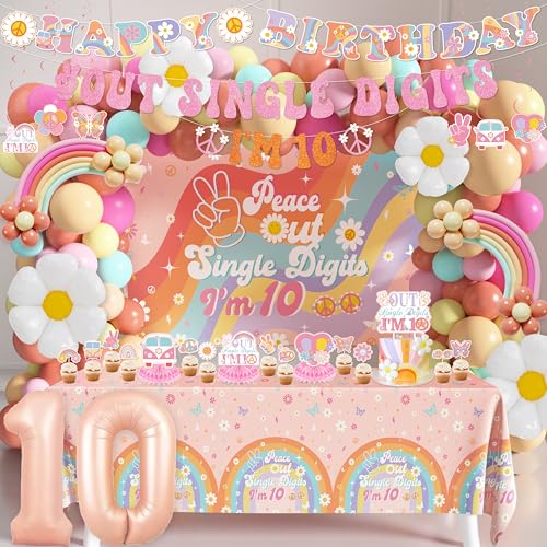 10th Birthday Decorations for Girl Peace Out Single Digits Party Decor Groovy 10th Birthday Decor Boho Im 10 Backdrop Banner Tablecloth Cake Topper Honeycomb Centerpieces Hanging Swirls Balloons Set