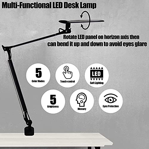Amzrozky Drafting Table Lamp,Metal Architect Led Desk Lamp, Swing Arm Task Lamp With Clamp,Eye-Care Dimmable Office Light With 5 Color 5 Brightness,Touch Control,Memory Function,Black #TOP4