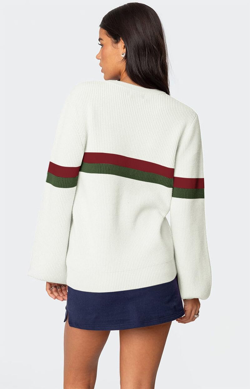 ZAFUL Womens Casual Striped Sweater Color Block Crew Neck Long Sleeve Pullover Ribbed Loose Knit Tops - Image 4