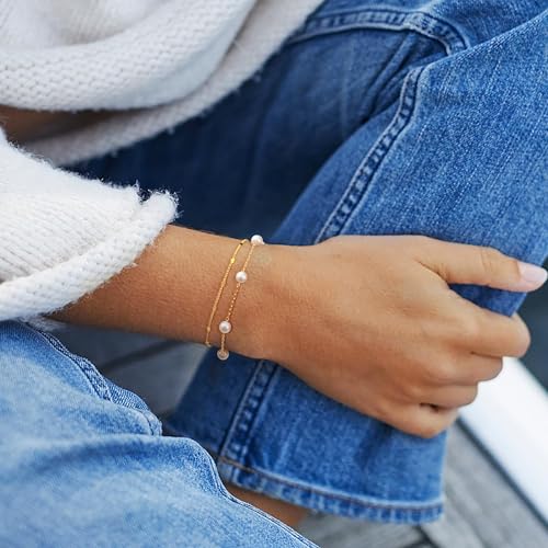 Poxtex Pearl Bracelets for Women, Gold Plated Layered Pearl Bracelets for Women Waterproof, Jewelry - Image 5