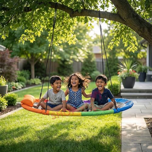 Image of Shopster Surf Hanging Swing Hammock - Kids Indoor /Outdoor Giant Oval Platform Swing Mat - Adjustable Length Ropes, Great for Tree, Swing Set, Backyard, Playground, Playroom