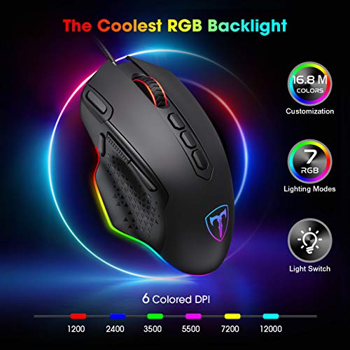 PICTEK RGB Gaming Mouse, Wired Mouse Gaming with Weight Tuning Set in the Mouse with 12000 DPI, Fire & Sniper Button, 10 Programmable Buttons