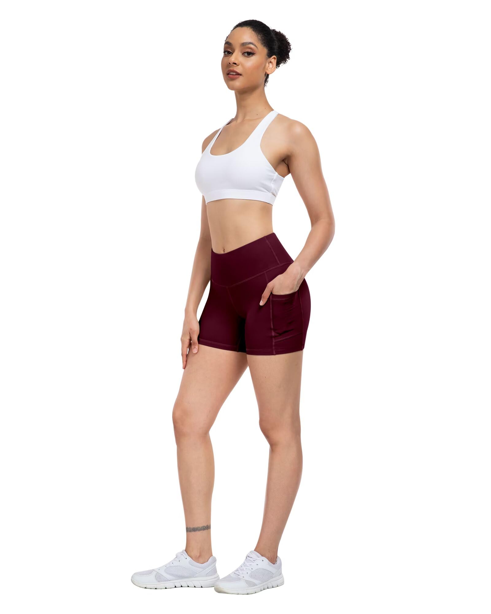 ATHVOTAR Lot de 4 shorts de yoga en élasthanne avec poches pour femme 7,6 cm/12,7 cm/20,3 cm, short de motard gainant le ventre, Noir/gris/violet/cassis, Taille L