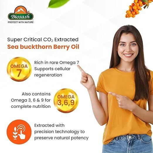 Image of Sea Buckthorn Berry Oil Capsules 30 Caps | CO2 Extracted from Certified Organic Berries | Omega 3 6 7 9 | Antioxidants & Vitamins | Radiant Skin, Heart, Liver & Immunity Support | Herbal & Natural