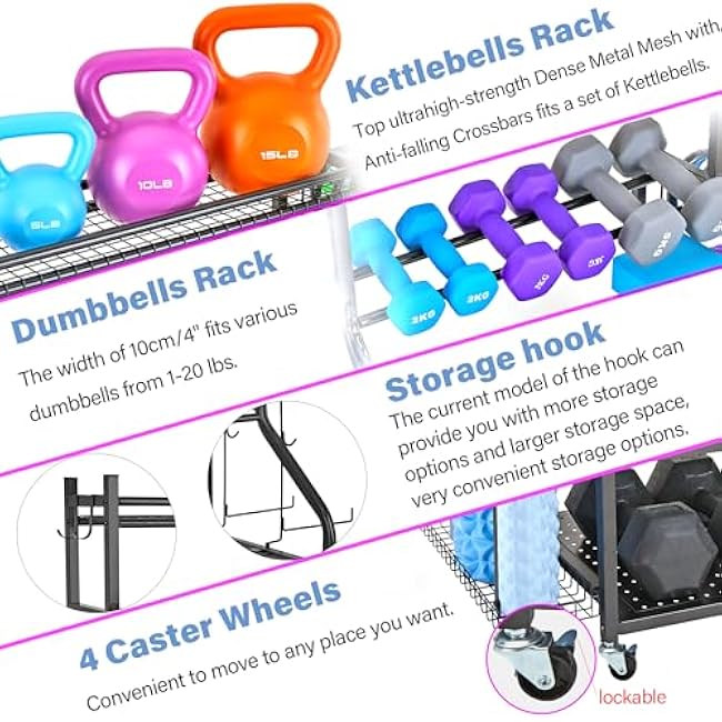 Dumbbell Rack, Yoga Mat Storage Rack - Weight Rack for Dumbbells, Home Gym Storage Rack for Yoga Mat, Dumbbells and Kettlebells, All in One Workout Equipment Storage with Caster Wheels