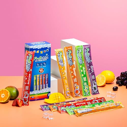 Image of Fruitchill Ice Pops Pack of 10 (700g) Natural Fruit Ice Candy Bars Mango Strawberry Nimboo Orange Grape | Low Calorie Frozen Dessert, Ice Popsicles | Summer Refreshing Ice Lollies for Kids & Adults