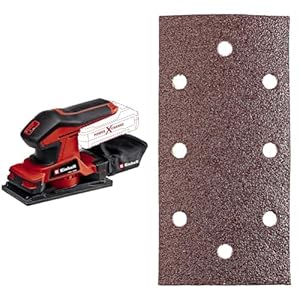 Einhell accu Vlakschuurmachine TC-OS 18/187 Li Solo Power X-Change (incl. 1x vel schuurpapier, zonder accu en lader) & kwb Schuurstrips 93×186 mm – aluminiumoxide – Voor hout en metaal – bruin