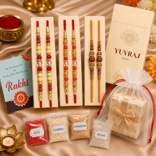 Image of Yuvraj Premium Pearl Rakhi Set of 6 for Brother | Handmade Designer Beaded Rakhi Threads | Raksha Bandhan Gift with Roli Chawal & Premium Display Card