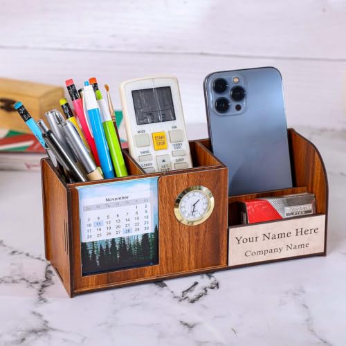 Image of Deskart Personalized Pen Holder Stand with Clock, Two Years Calendar, Business Visiting Card & Mobile Holder | Multipurpose Desk Organizer with Name Engraving for Office Desk and Gifting