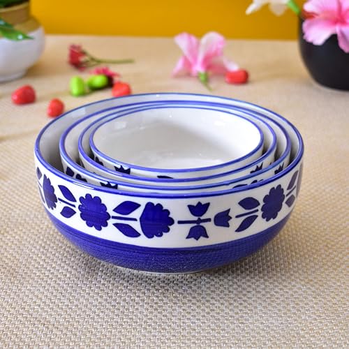 Image of Ceramic Mixing Bowl Set 4 Pieces 1500ml 800ml 600ml 400ml Blue Flower Durable Microwave Safe Dishwasher Safe Mixing Serving Storage