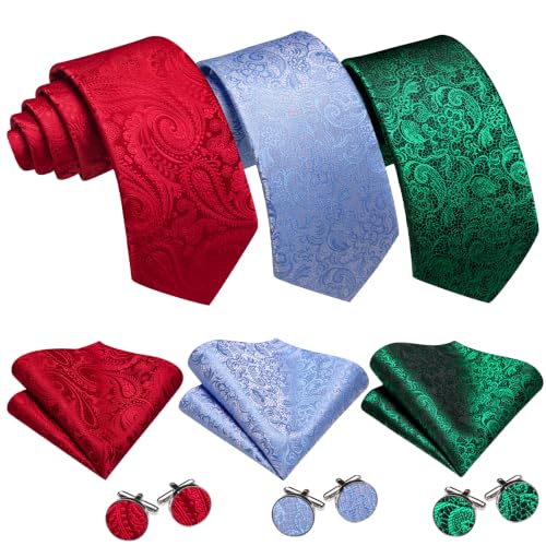 Image of Barry.Wang 6 PCS Men Ties Set Silk Business Fashion Woven Necktie Handkerchief Cufflinks Paisley Stripe Wedding Party