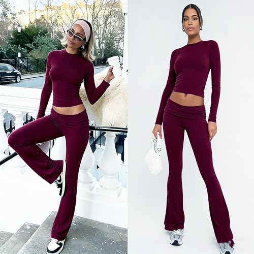 Image of YETOWA Y2K 2 Piece Outfits Tummy Control Long Sleeve Crop Top High Waisted Flare Pants Soft Knit Lounge Set