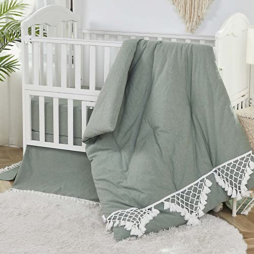 Image of Brandream Baby Girl Boy Nursery 3 Pieces Crib Bedding Set 100% Cotton Gender Neutral Boho Bohemian Solid Sage Green Farmhouse Chic Unisex Minimalist Tassel Fringe Macrame Cozy Bedding