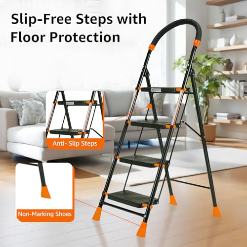 Image of Amazon Basics Curvo-Foldable Step Ladder, Ribbed Steps, Knee Guard, Non-Marring PVC Shoes, 4 Steps (Black & Orange)