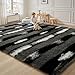 FALARK Fluffy Area Rugs for Bedroom Living Room, 4x6 Black and Grey Soft Plush Striped Rug, Modern Indoor Non Slip Washable Carpet, Furry Throw Carpets for Home Decor