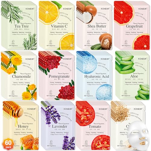 KONEUK 60 Pack Collagen Essence Face Masks Skincare for Women, Hydrating Sheet Face Masks Suitable for Dry and Sensitive Skin, Bulk Facial Masks for Women Skin Care, Face Mask Gifts Set for Spa Party