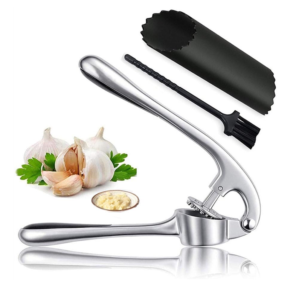 Goodern Garlic Press Crusher,Stainless Steel Garlic Mincer Set with Silicone Roller Peeler & Cleaning Brush,Garlic Mincer Tool Professional Food Grade,Rust Proof,Easy to Squeeze and Easy to Clean