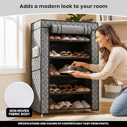 Image of Zest 4 Toyz 5 Shelf Shoe Rack for Home with Zip Door Cover & Side Pockets Shoe Stand Multipurpose Storage Rack for Footwear Toys Clothes with Dustproof Cover (Printed Design)