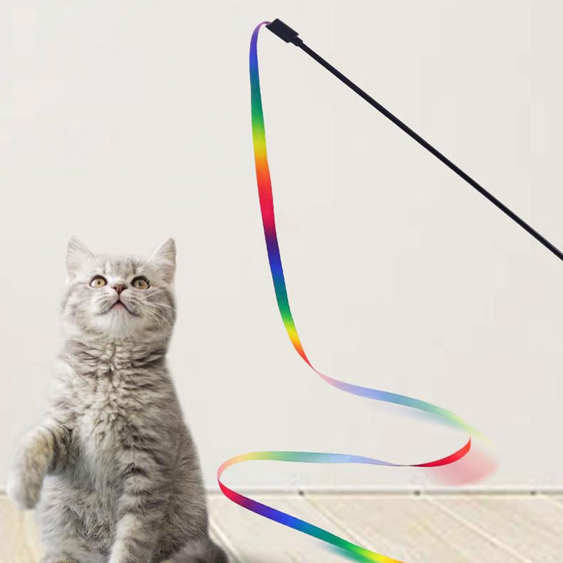 4er-Set Regenbogen-Zauberstab Für Katzen – Mit Bunten Bändern, 30 Cm Stab, 160 Cm Band