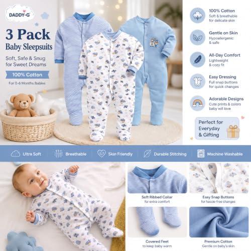 Image of DADDY - G 100% Cotton Baby Rompers Pack of 3 | Newborn Baby Sleepsuit | Full Sleeve Jumpsuit | Baby Night Suit | Infant Bodysuit for Boys & Girls | Soft Breathable Clothing