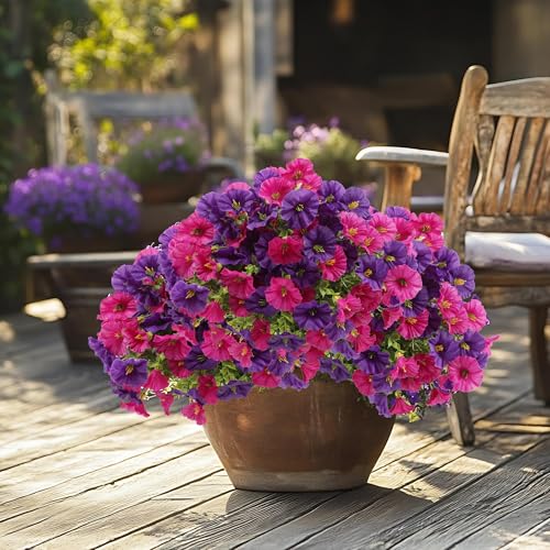 12 Bundles Artificial Flowers for Outdoors Decoration, Fake Silk Morning Glory Flowers Faux Eucalyptus Plants UV Resistant for Patio Garden Home Decor (Hot Pink+Purple) image 2