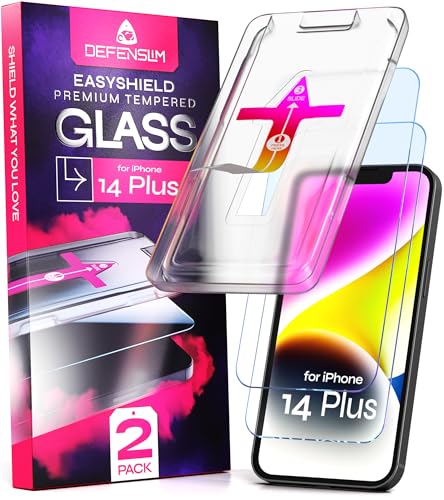 Image of Defenslim Screen Protector for iPhone 14 Plus (2Pack), Easy Auto-Align Install Kit, 6.7 inch Tempered Glass, 9H Hardness, Ultra HD Clear, Case Friendly, EasyShield