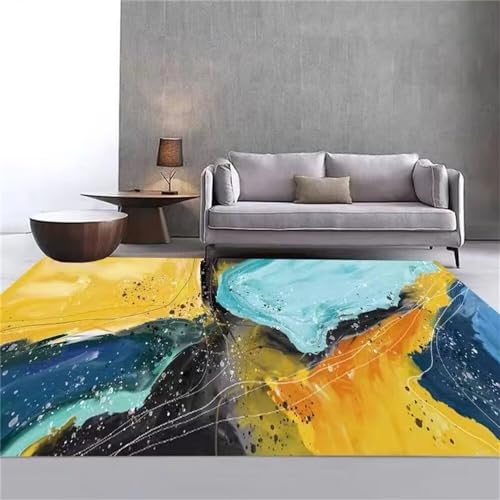 Tapis de salon bleu ne se décolore pas à poil court et sticker moderne