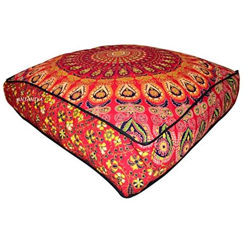 ANJANIYA 35"x35" Mandala Bohemian Yoga Meditation Large Square Dog Bed Outdoor Floor Pillow Cover Couch Seating Cushion Throw Hippie Decorative Boho Indian Ottoman (Red) Cover