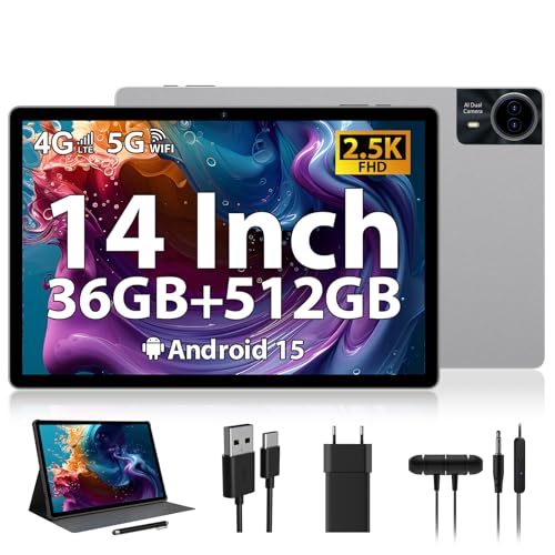RUSHAR Tablette 14 Pouces Android 15 avec 36Go RAM+512Go ROM (1TB TF), 4G LTE/SIM+5G WiFi, 11580mAh | 2240 * 1400HD | Octa-Core 2.0GHz | 13MP+8MP | Face ID |...