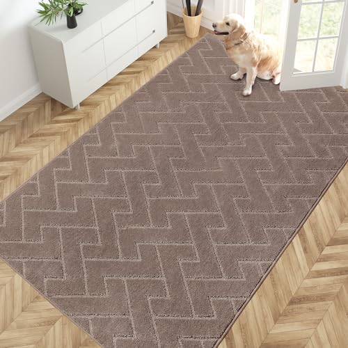 PURRUGS Easy Care Area Rug 4.5ft x 7ft, Non-Slip Machine Washable Entry Rug, Dog Door Mat, Stain Resistant Accent Rug for Hallway, Bedroom, Living Room and Mudroom, Grayish Brown