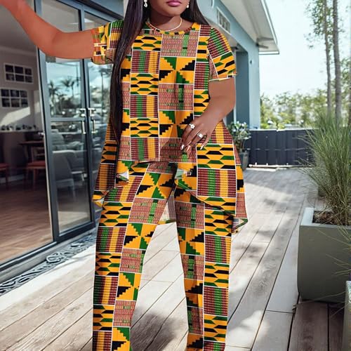 African Print 2-Piece Set, Short Sleeve Top with Wide Leg Pants, Traditional Kente Pattern, Yellow Green2