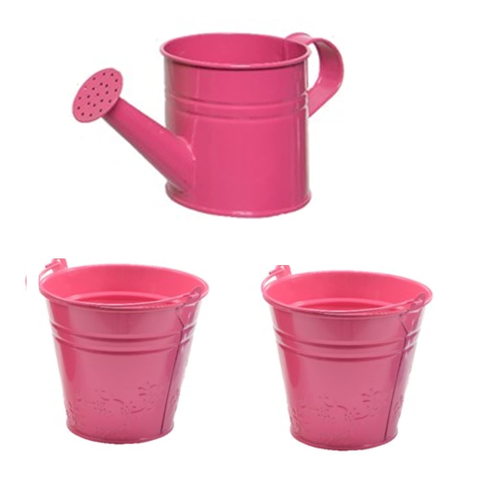 Decoris Pink Kids Metal Watering Can & Bucket Planter Set 3 Piece Zinc Flower Pots Tins
