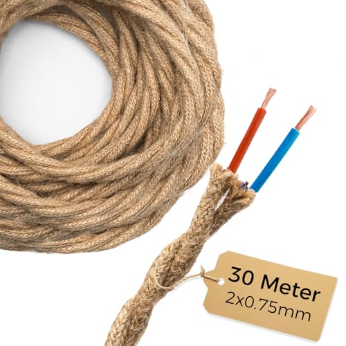 DiCUNO 30 Mètres de câble textile vintage en lin, 2 conducteurs de 0,75mm² de rétro câble électrique en tissu flexible, Tissée industriel corde pour...