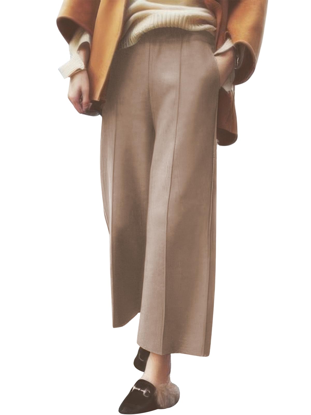 ebossy Womens Elastic Waist Wide Leg Wool Blend Capri Pants Casual Dressy Winter Warm Palazzo Trousers with Pockets