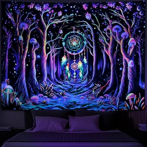 Galoker Blacklight Fantasy Forest Tapestry Neon Mushroom Tapestry UV Reactive Dreamcatcher Wall Tapestry Galaxy Space Tapestry Wall Hanging for Home Decor(H59.1×W78.7 inches) Cover