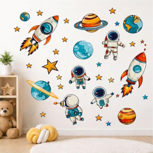 Image of Space Theme Wall Sticker for Ki-ds | Self Adhesive Astronaut, Rocket & Planet PVC Wall Decal for Nursery, Bedroom & Playroom Decor