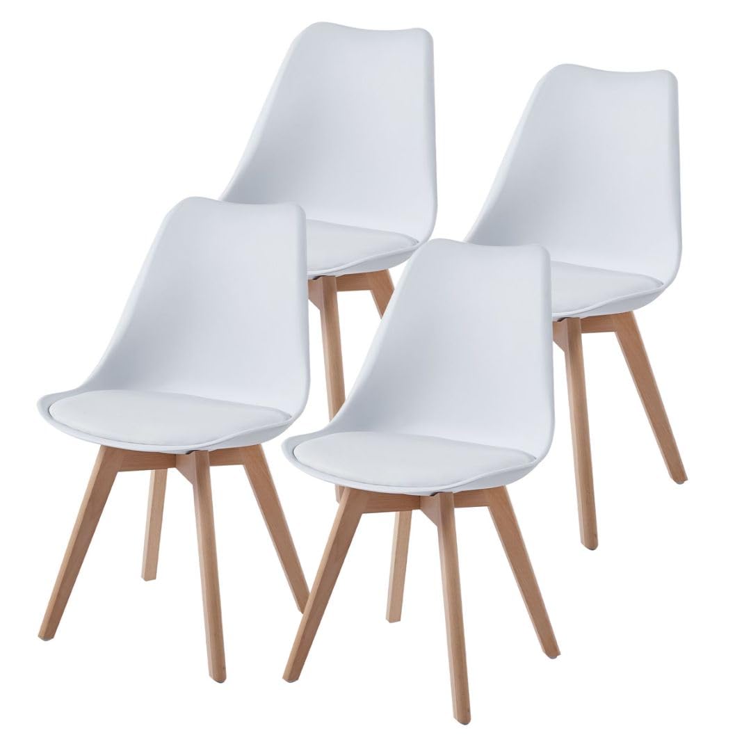 TEENO Juego de sillas de Comedor con Patas de Madera, Silla de Oficina Vintage, Asiento de cojín de Haya Maciza (Blanco, 4, cantidades)