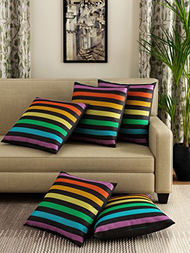 Image of Swayam Set of 5 Striped Print Cotton Multicolour Cushion Cover | 24 x 24 Inch | Soft Breathable Fabric with Hidden Zipper | Decorative & Stylish Cushion Covers for Sofa, Living Room, Bedroom & Couch
