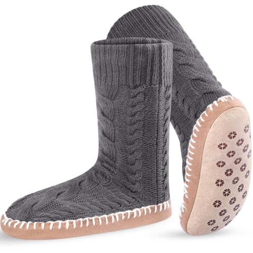 Foaincore Women's Slipper Socks with Soles Knit Non Skid Socks Indoor Winter Thick Lined Slipper Socks, Size 9-11
