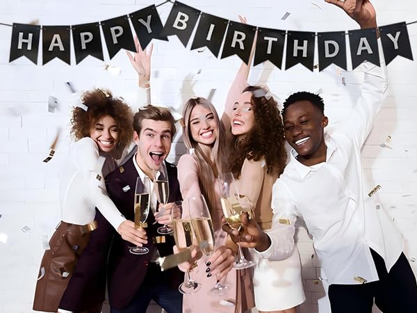 Image of Black Happy Birthday Banner,Pre-Strung Black and Silver Birthday Party Decorations,16ft Hanging Sign for Kids, Girls, Boys, Women - No DIY, Backdrop Supplies