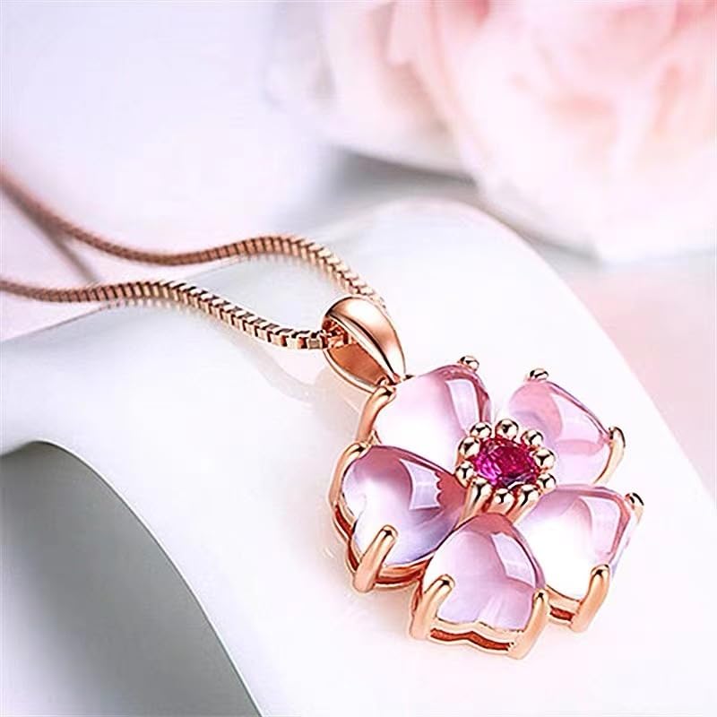 Pink Flower Pendant Necklace for Women CZ Crystal Floral Cherry Blossoms Dainty Choker Necklaces Gemstome Pink Love Heart Beautiful Artificial Stone Wedding Best Gift for Friends Lover Valentine's Day4