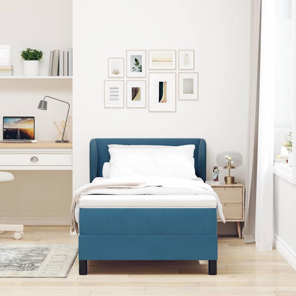 Dunkelblau Boxspringbett 100x200 cm Samt Einzelbett mit Matratze & Topper Höhenverstellbar Kopfteil Holzrahmen Modernes Polsterbett für Schlafzimmer Gästezimmer Jugendzimmer