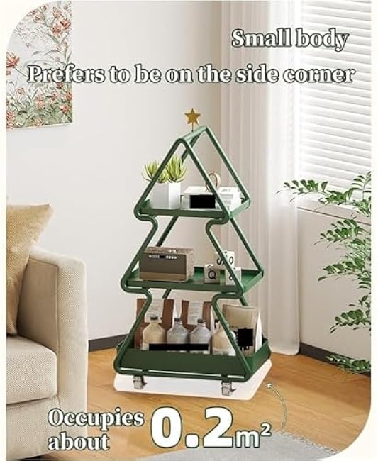 3-Tier Metal Tree-Shaped Storage Cart with Wheels Tall Lockable Side Table Display Shelf Organizer for Living Space Long-Lasting(White)-l9dq1ezu