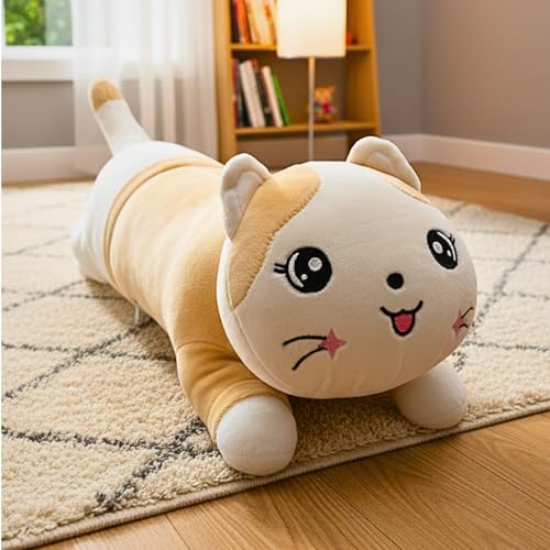 Image of Tickles Sleeping Cat Soft Stuffed Plush Animal Pillow for Kids Boys & Girls (Size: 35 cm Color: White & Brown)